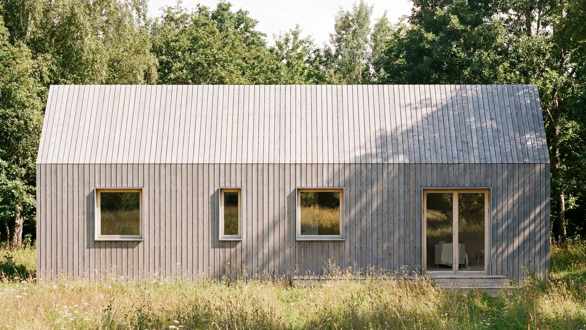 Small gable-roofed timber house with vertical wood cladding surrounded by tall grass and trees