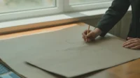Architect drawing loose freehand circles and connecting lines in pencil on tracing paper by a window