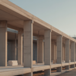 Concrete frame of a building under construction, with repeated structural bays receding into the distance