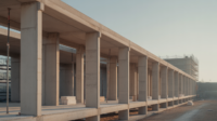 Concrete frame of a building under construction, with repeated structural bays receding into the distance