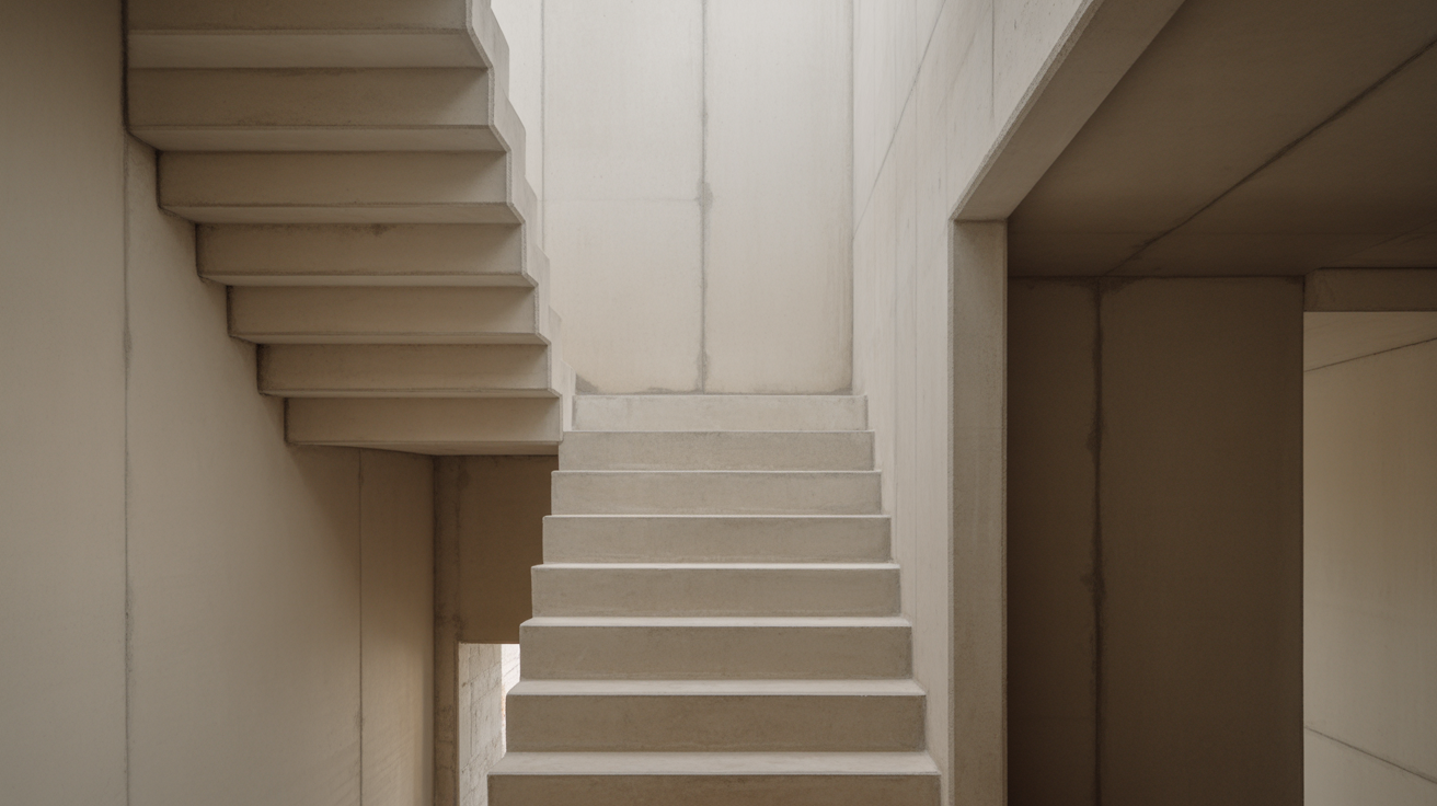 Cast concrete stair in a top-lit void, raking light picking out the edge of each tread and the folded underside of the flight