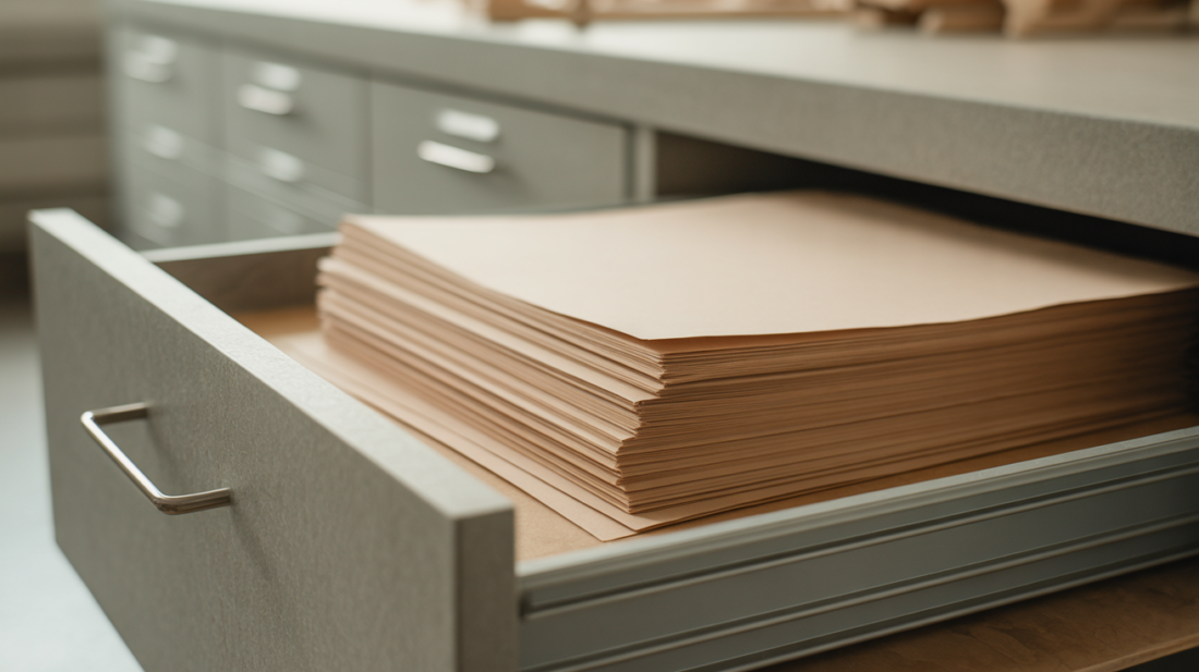 Wide flat file drawer pulled open in an architecture office, holding a stack of blank large-format drafting sheets