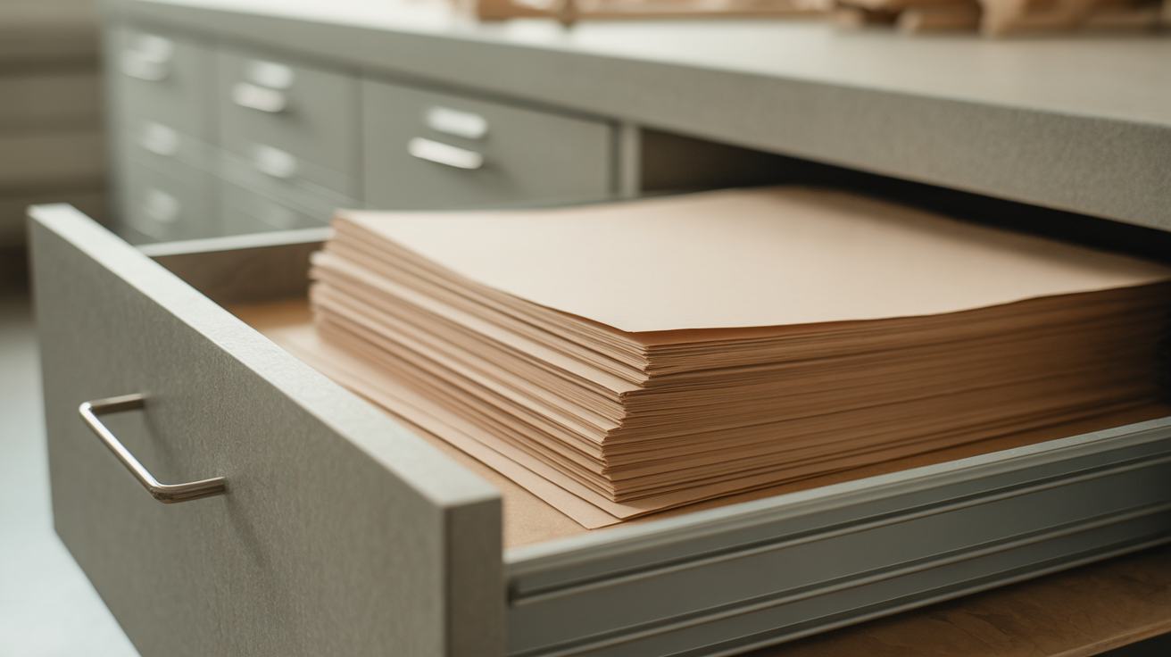Wide flat file drawer pulled open in an architecture office, holding a stack of blank large-format drafting sheets