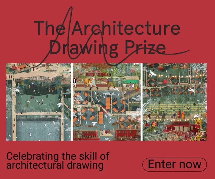 Advertisement banner for The Architecture Drawing Prize with three colorful aerial illustrated cityscape panels and an