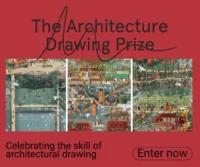 Advertisement banner for The Architecture Drawing Prize with three colorful aerial illustrated cityscape panels and an