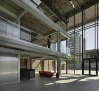 The ground floor lobby beneath the void, Audiovisual Experimentation Center