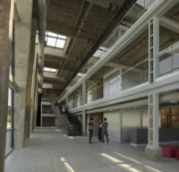 Brick, concrete and inserted steel in the lobby of the Audiovisual Experimentation Center