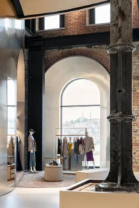 Arched window and cast-iron column with the Golden Horn beyond, Beymen Tersane