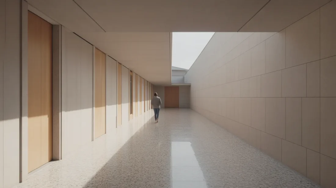 Wide daylit corridor in a public building with terrazzo floor, tall flush doorways and a person walking in the distance