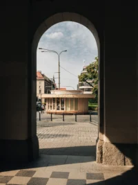 Chleboteka Okraglak seen from a dark passage in Wroclaw