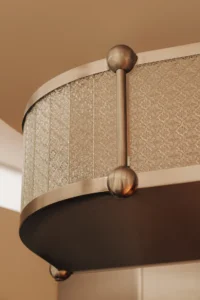 Curved ceiling detail with steel spheres, Chleboteka Okraglak by CUDO