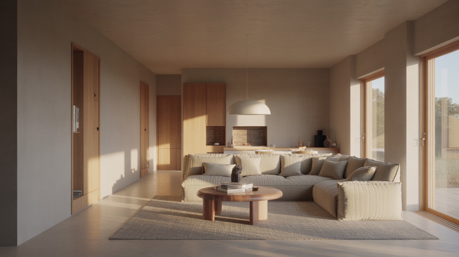 Finished living room, fully furnished and styled, in warm afternoon daylight