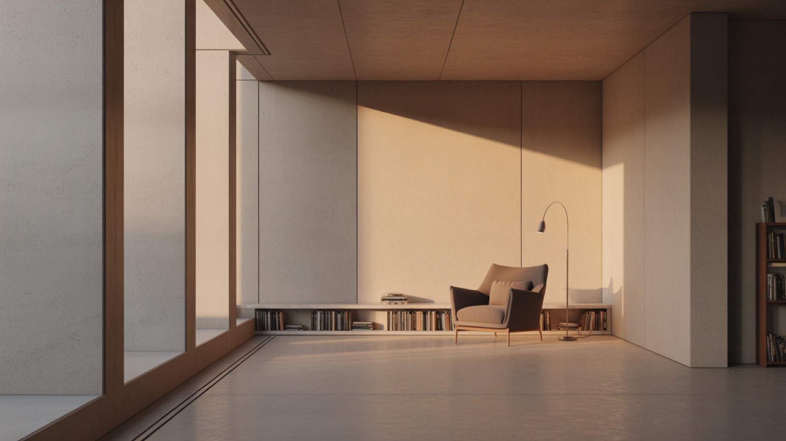 Quiet reading corner with a deep armchair, floor lamp and a low shelf of books