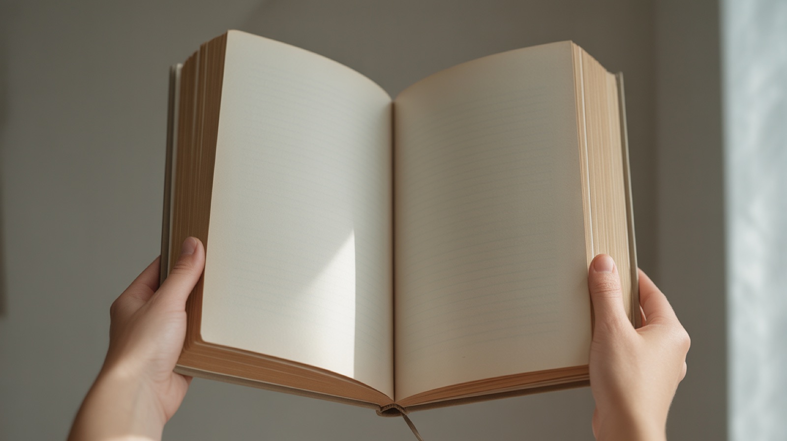 Hands holding open a large hardback book at a spread of blank pages