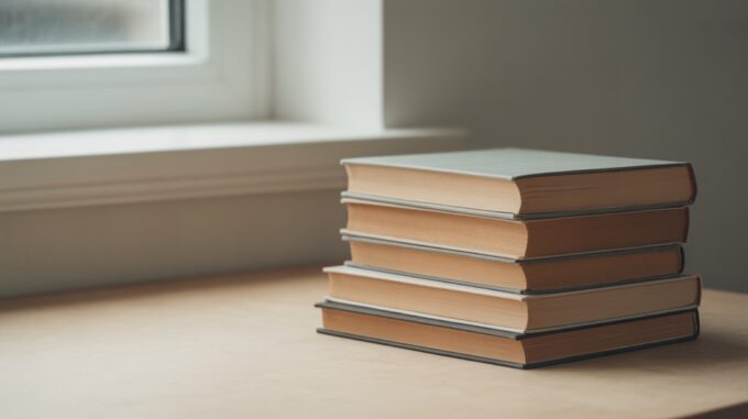 Stack of five hardback books with plain cloth covers on a pale timber surface by a window