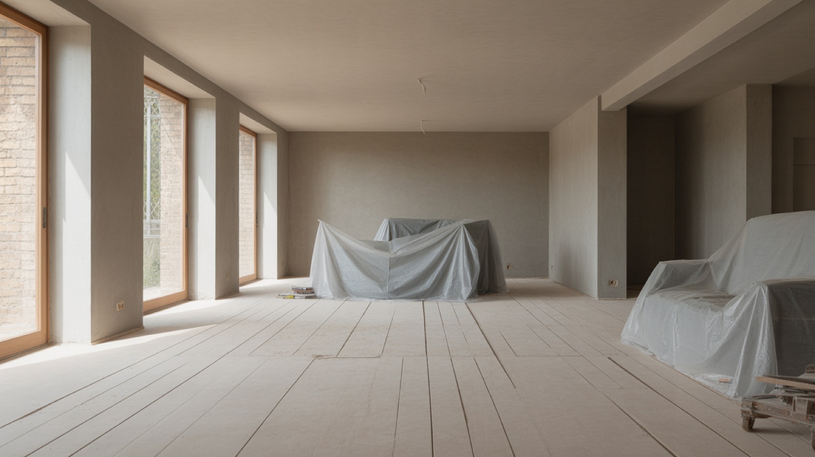 Room mid-refurbishment with the existing timber floor being sanded back