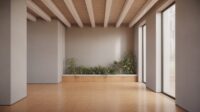 Interior with a reclaimed timber beam ceiling and warm cork flooring