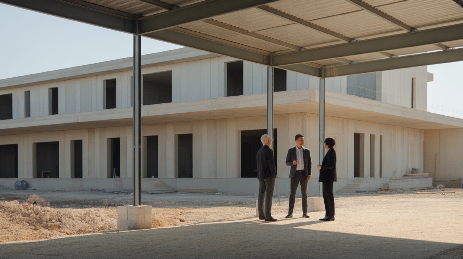Site meeting under a temporary canopy with the half-built structure behind