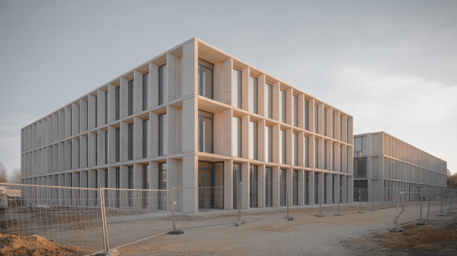 Newly finished office building at handover with the last site fencing still standing