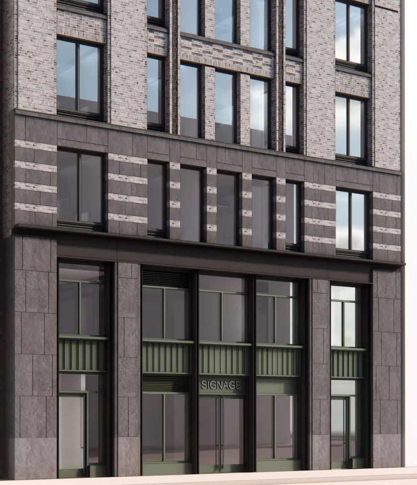 Close-up rendering of a building's stone and brick facade with large storefront windows marked 'signage'