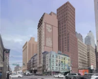 Rendering of a tall pink and brick tower rising above a busy city street of low buildings