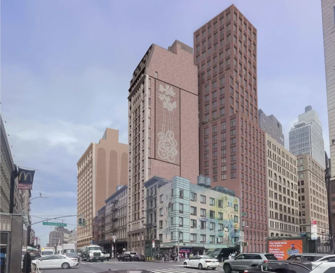 Rendering of a tall pink and brick tower rising above a busy city street of low buildings