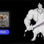A muscular warrior illustration next to a white 3D wireframe model of the same character holding a sword