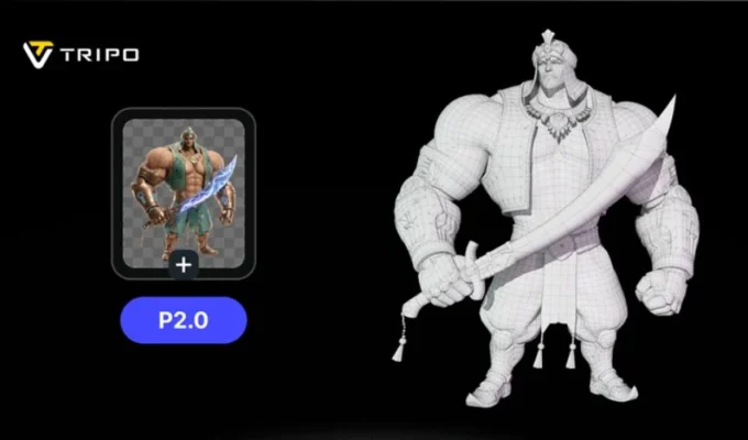 A muscular warrior illustration next to a white 3D wireframe model of the same character holding a sword