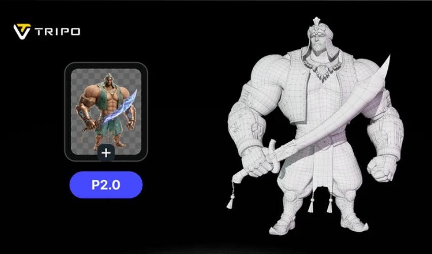 A muscular warrior illustration next to a white 3D wireframe model of the same character holding a sword