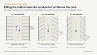 Angled parking dimensions: 90, 60 and 45 degree modules of 60 ft, 51 ft 6 in and 47 ft drawn to one scale