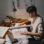 Young architect at a lamp-lit desk sketching over large drawings with books and rolled plans around him