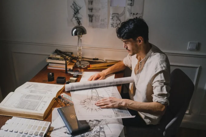 Young architect at a lamp-lit desk sketching over large drawings with books and rolled plans around him