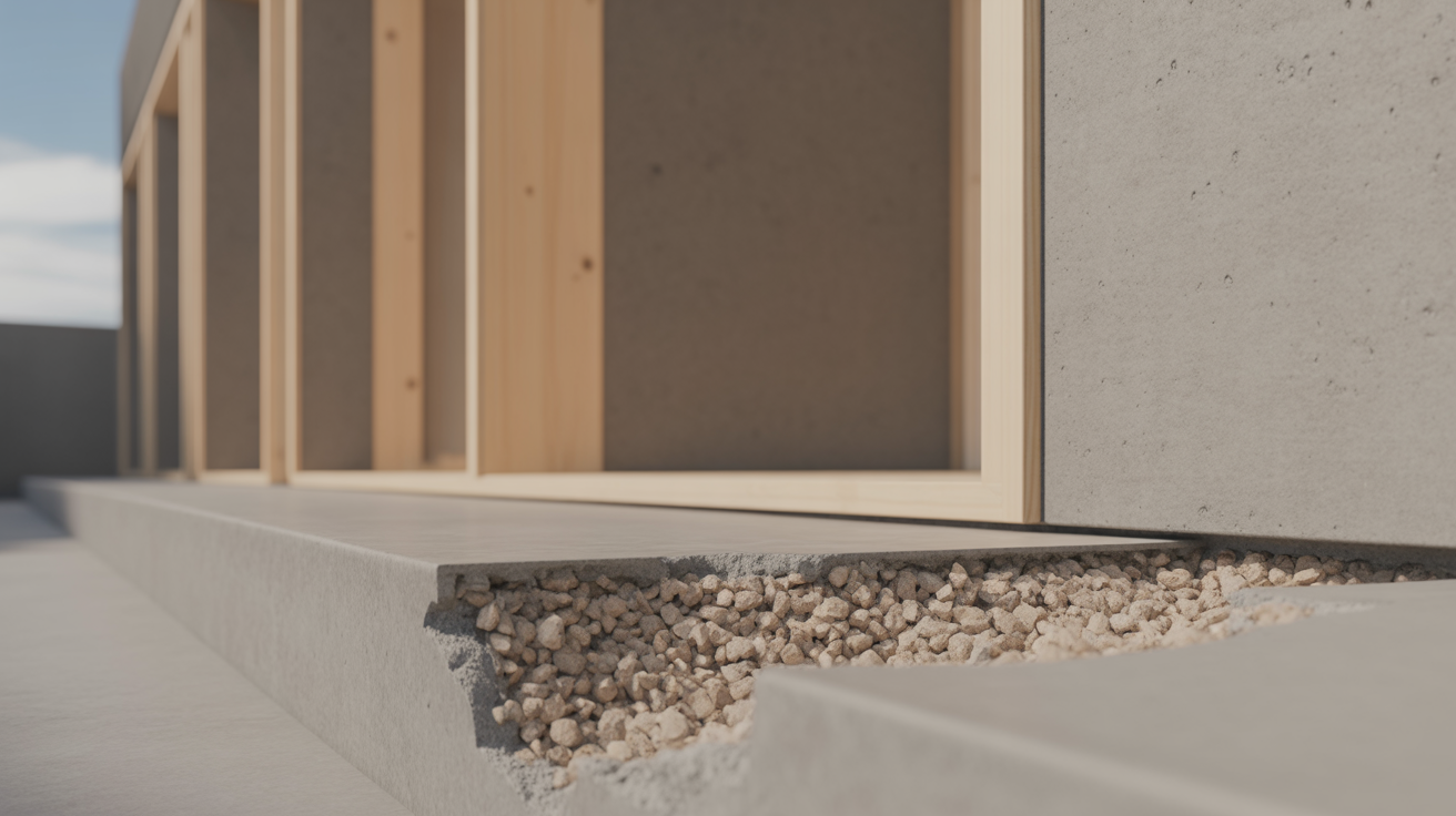 Cut edge of a concrete slab with coarse aggregate exposed in the fractured face, timber framing above