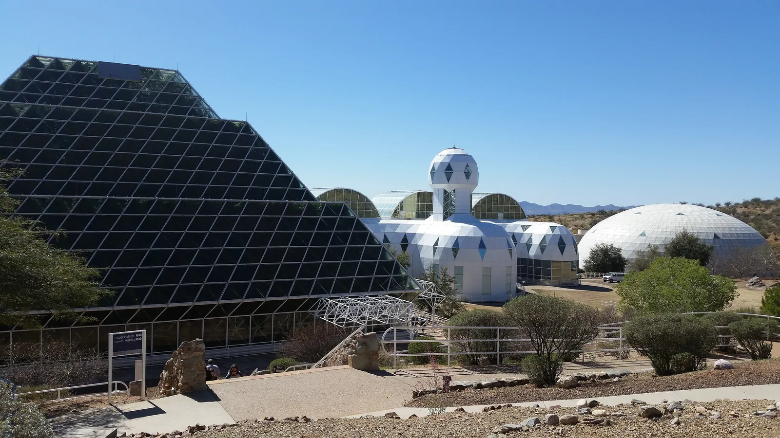 Biosphere 2 in Oracle, Arizona: the glass and steel pyramid and the white domes that held a sealed arcology experiment