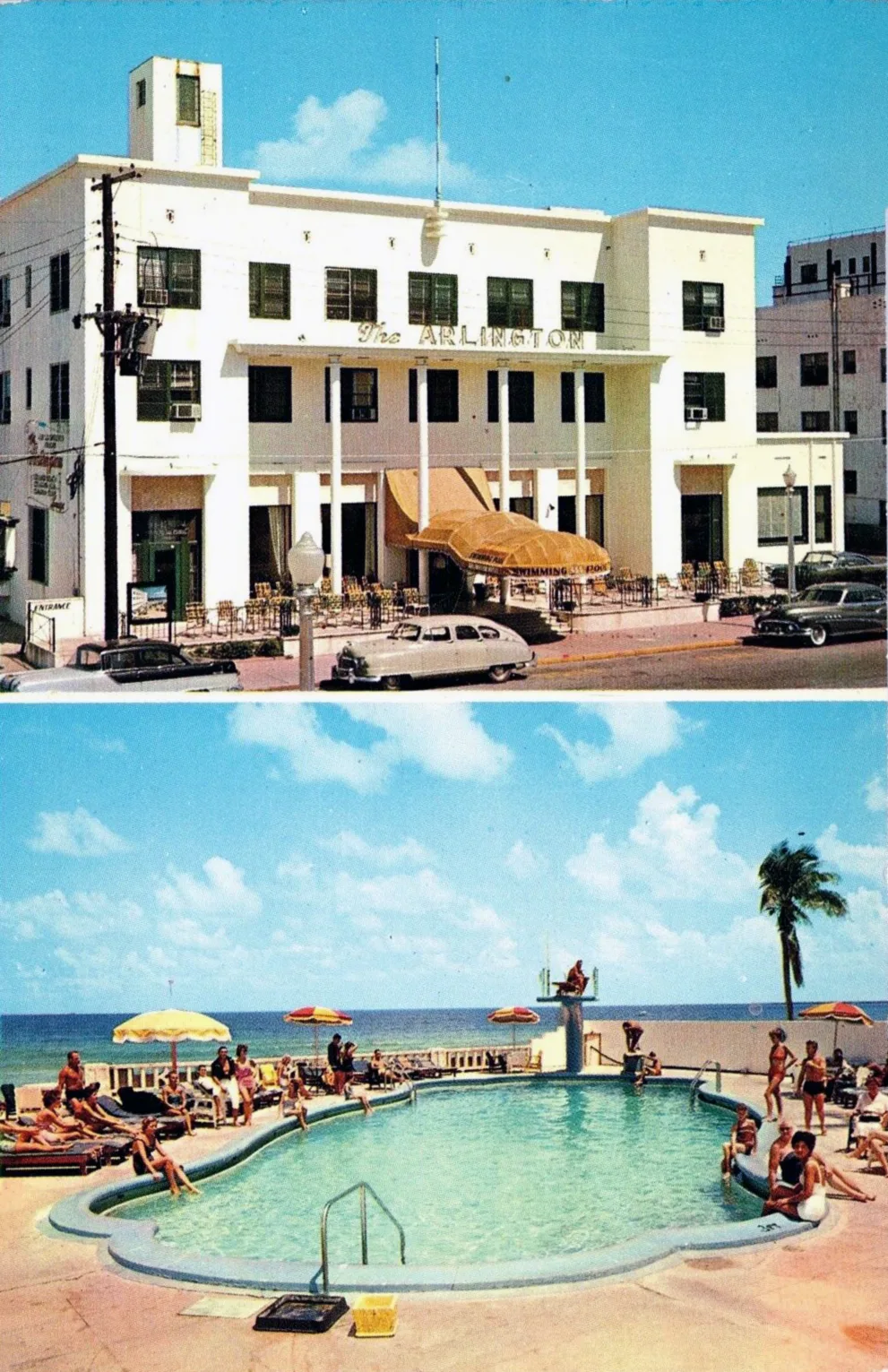Vintage postcard of the white Arlington hotel on Ocean Drive above a view of its oceanfront swimming pool