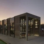 The Audiovisual Experimentation Center in Avellaneda lit at dusk