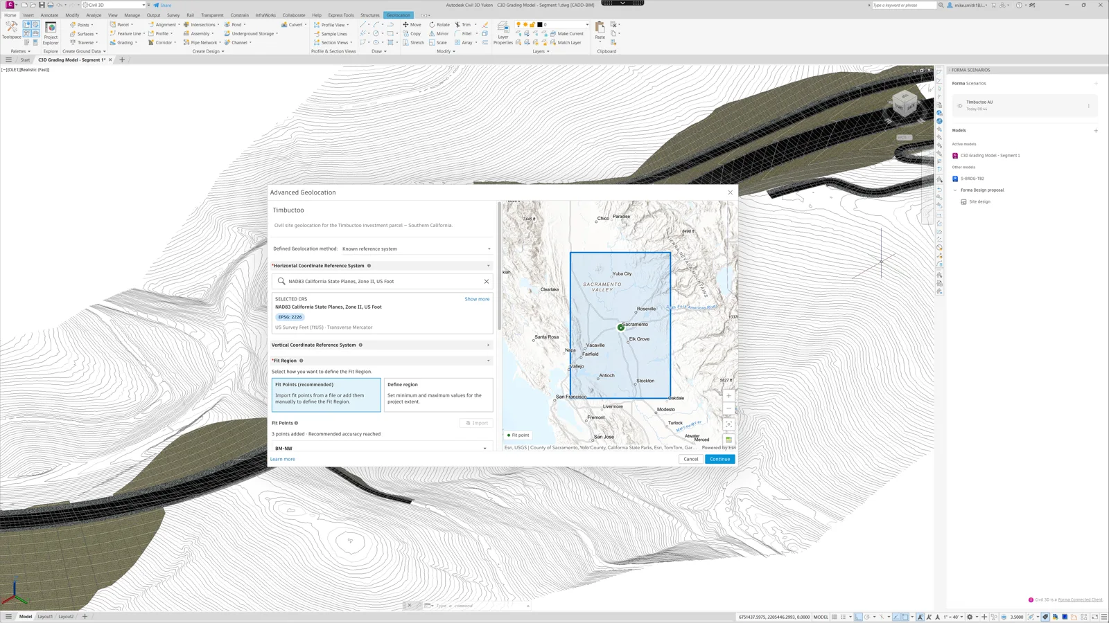 Civil 3D screen with an Advanced Geolocation dialog showing a coordinate system and a map of Northern California