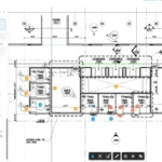 Autodesk Compliance review panel listing critical, major and minor issues beside a marked-up architectural floor plan