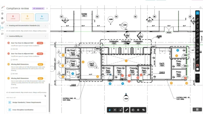 Autodesk Compliance review panel listing critical, major and minor issues beside a marked-up architectural floor plan