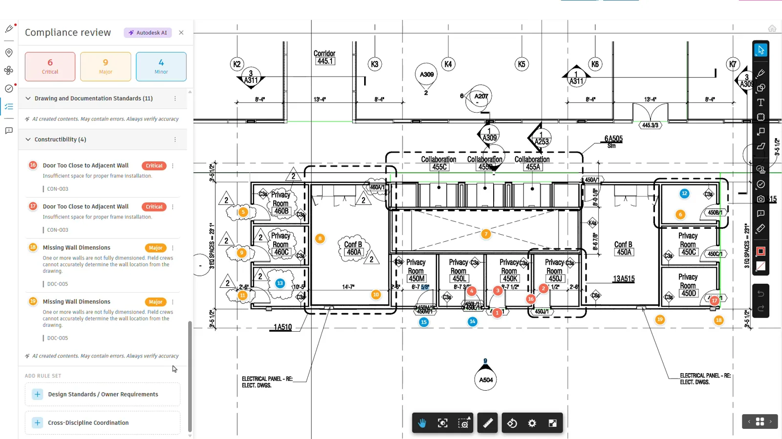 Autodesk Compliance review panel listing critical, major and minor issues beside a marked-up architectural floor plan