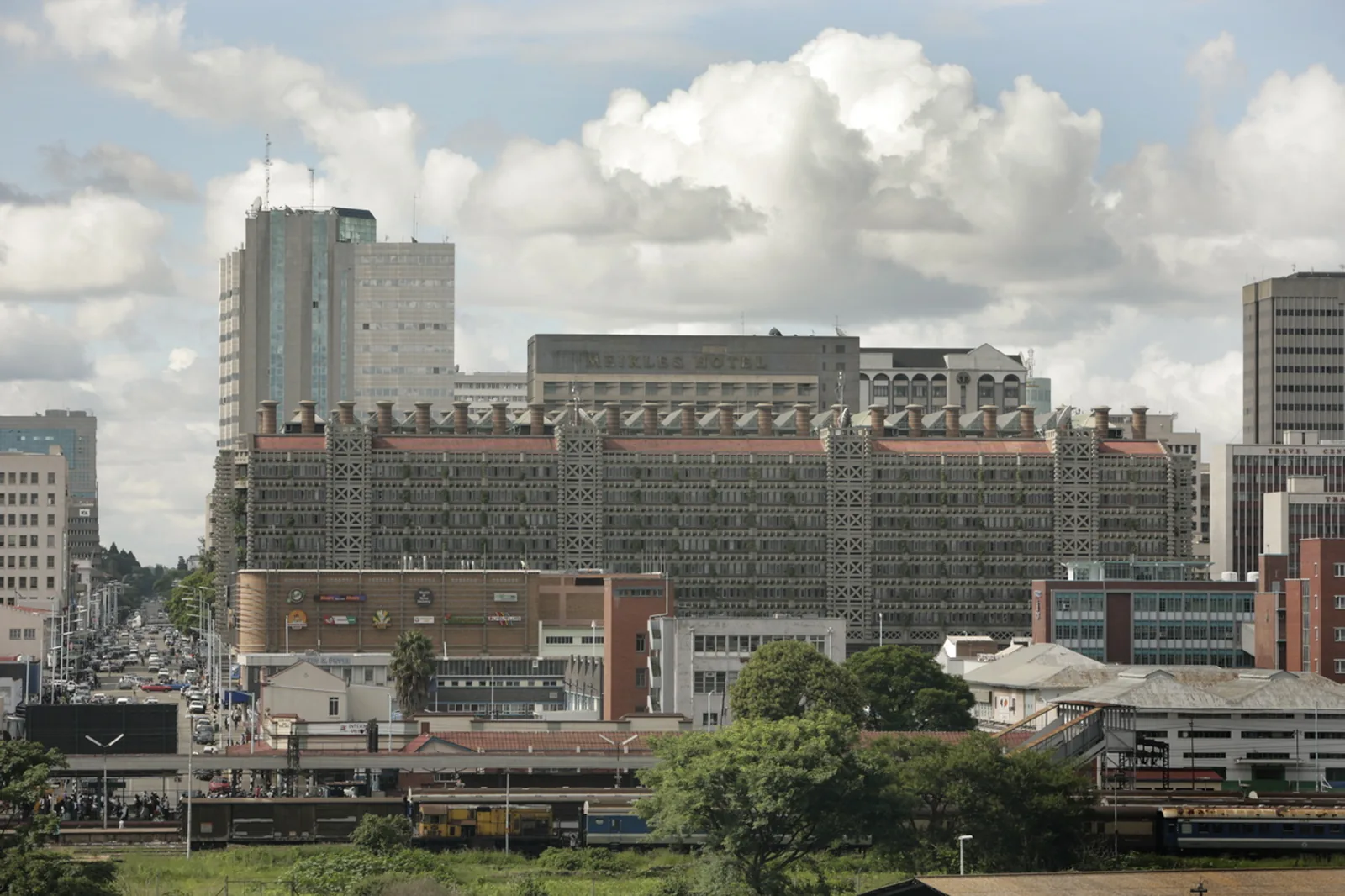 Eastgate Centre in Harare, Zimbabwe, with rows of ventilation chimneys along its roof