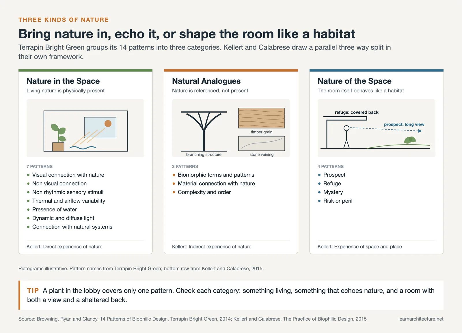 Biophilic patterns in three columns: Nature in the Space, Natural Analogues, Nature of the Space, with Kellert's terms
