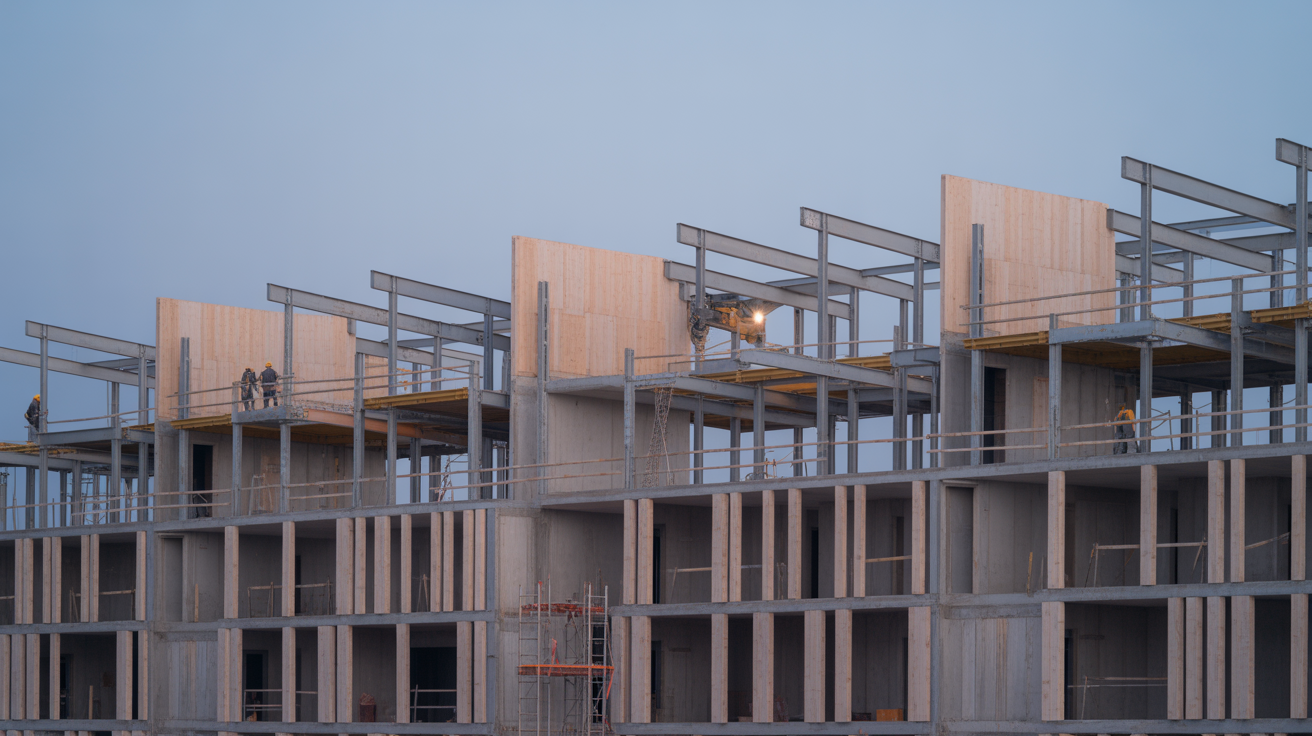Concrete and steel building frame at dusk with repeating structural bays, separate trades working on different levels