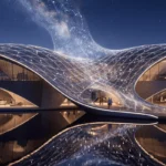 Night render of a curved glowing pavilion with a lattice roof reflected in a lake