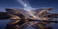 Night render of a curved glowing pavilion with a lattice roof reflected in a lake