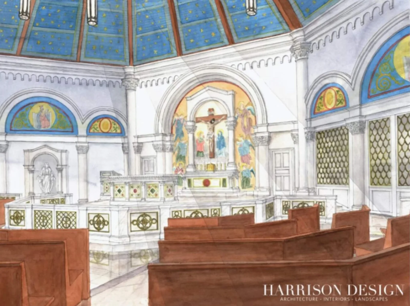 Rendering of a renovated church interior with pale painted walls and new furnishings