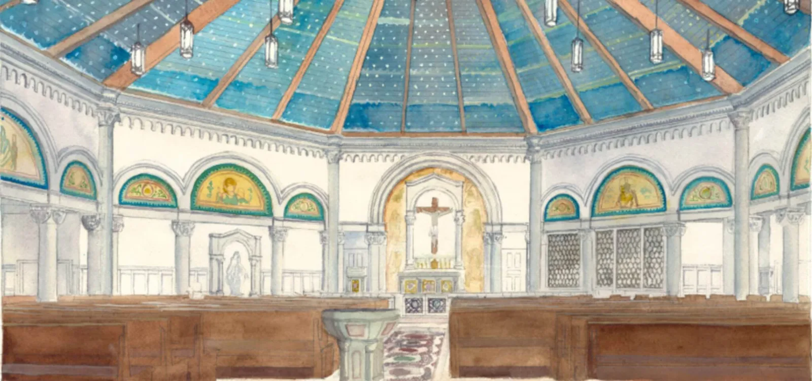 Rendering of the church sanctuary showing an altar wall without the original stained glass cross
