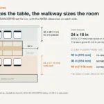 Dining table dimensions plan: a 70 7/8 inch table for six with 32, 36 and 44 inch clearances around it