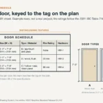 Door and window schedule example with mark, size, type, fire rating and hardware columns beside three door types