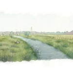Watercolour illustration of a winding water channel through green fields with pylons in the distance